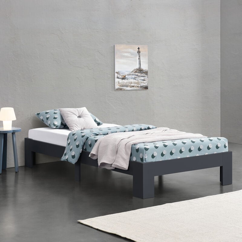 lit en bois avec base à latte dans un design gris foncé minimal différentes tailles couleur : 120 x 200 cm