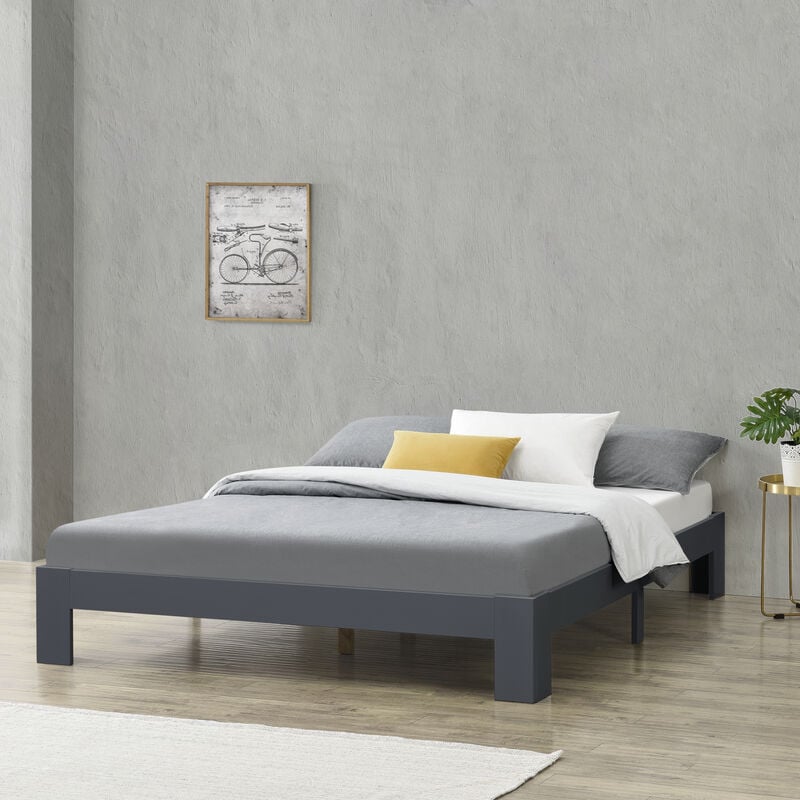 lit en bois avec base à latte dans un design gris foncé minimal différentes tailles couleur : 140 x 200 cm