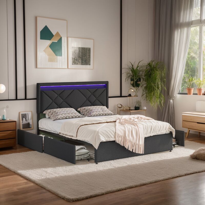 Sureh - Lit 140x200 cm avec tiroirs,lit 2 Personnes led avec rangement,recharge usb et Type C,cadre de lit avec sommier à lattes,lit adulte,noir