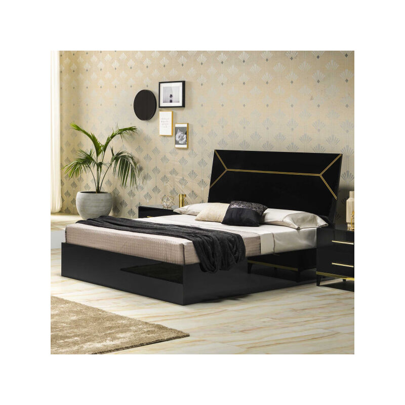 TMM - Cadre de lit + Tête de lit 140x190 Noir brillant/Or - ladabi - l 142 x l 190 x h 124 cm