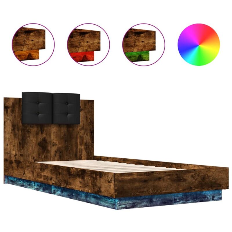 Cadre de lit tête de lit et lumières led chêne fumé 90x190 cm