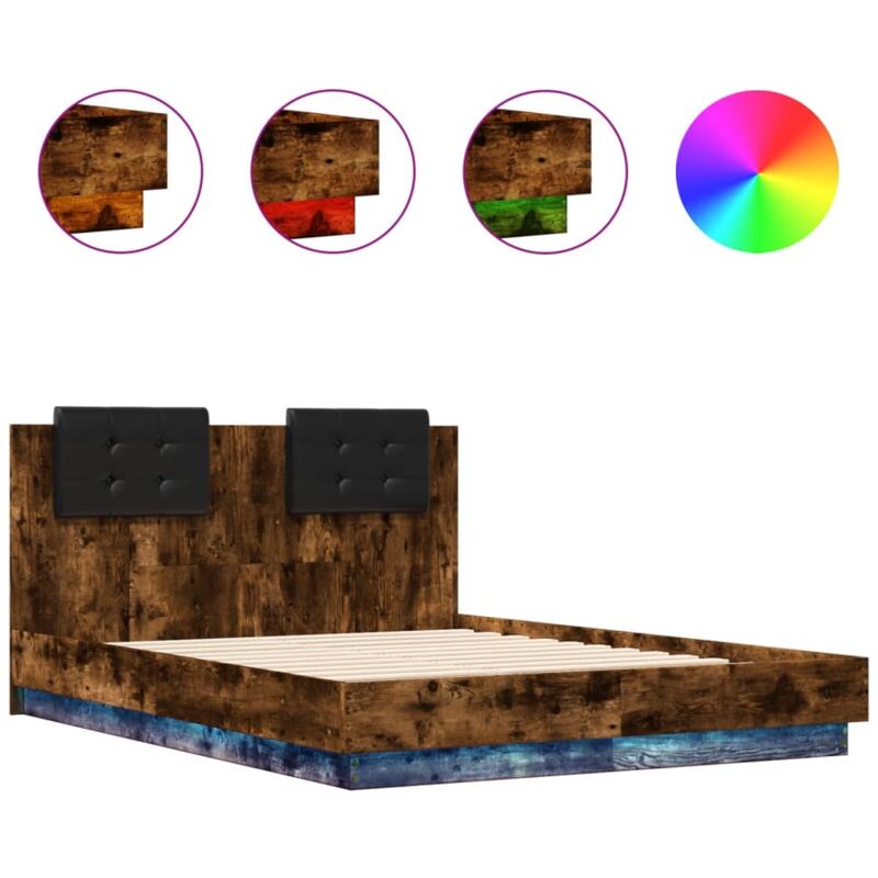 Cadre de lit tête de lit et lumières LED chêne fumé 120x190 cm