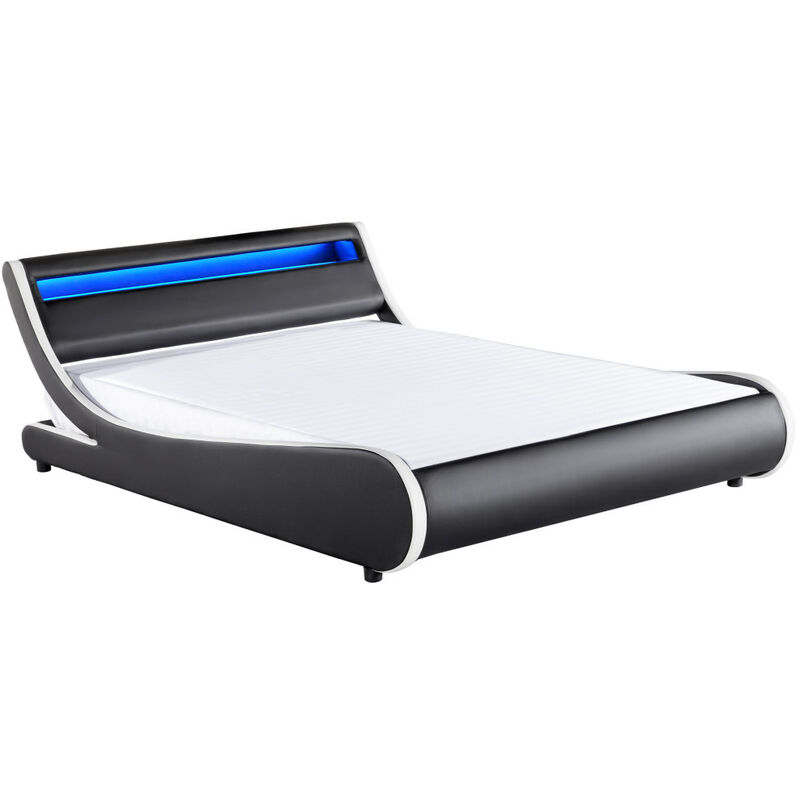 Loungitude - Cadre de lit tim avec éclairage led, tête de lit et sommier à lattes - Simili Blanc et Noir, 160 cm