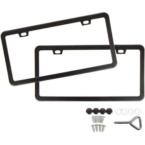 Cadre de plaque d'immatriculation  à 2 trous en acier inoxydable avec trou carré et bord fin, accessoires et clé de serrage inclus, noir