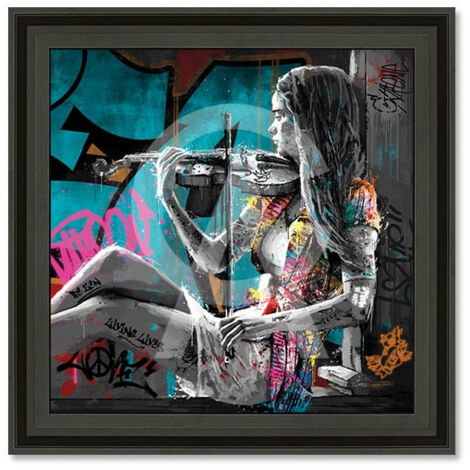 Cadre en bois avec impression en PVC vernis "La violoniste" - Noir - 60 x 60 cm - Collection Romaric - Livraison gratuite