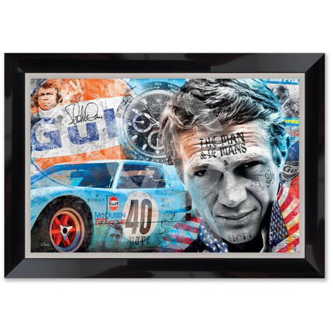 Cadre en bois avec impression en PVC vernis "Steve Mc Queen" - Noir/Argent - 80 x 120 cm - Collection Romaric - Livraison gratuite
