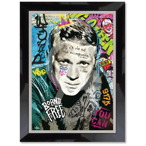 Cadre en bois avec impression en PVC vernis "Steve McQueen" - Noir/Argent - 50 x 70 cm - Collection Romaric - Livraison gratuite