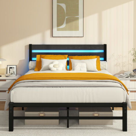 Cadre lit 140×200,tête plaque,métal,station USB,LED,acier solide,rangement sous lit,sans sommier,silencieux,montage facile-Da