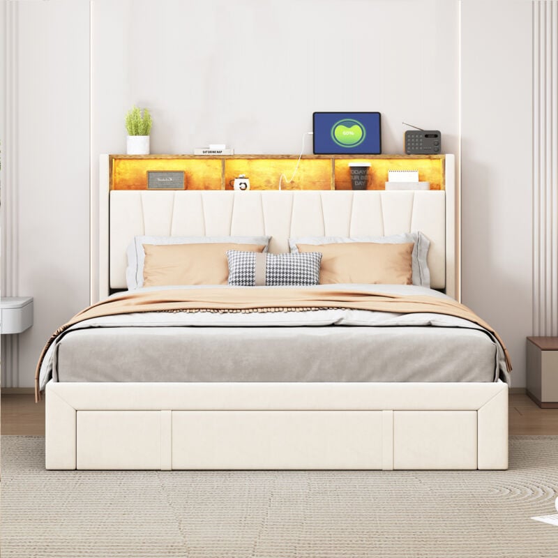 Lit tiroir 160x200 cm, lit rembourré, lit adulte avec led et 4 tiroirs, lit double avec tête de lit de rangement, lit 2 places avec tiroir avec