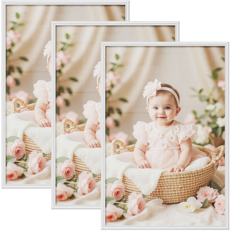 Lot de 3 Cadre Photo 40x60 cm WOLTU, Cadre en Bois Massif, Décoration Murale ou sur Table, avec Passe Partout, Blanc