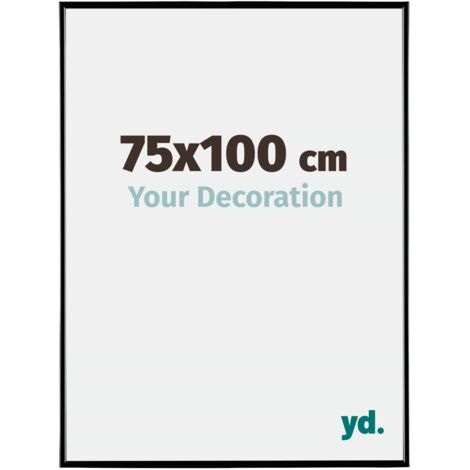 Cadre photo 75x100 cm en plastique noir brillant – Plaque de verre résistante aux UV – Système anti-reflet – Pour salon ou bureau