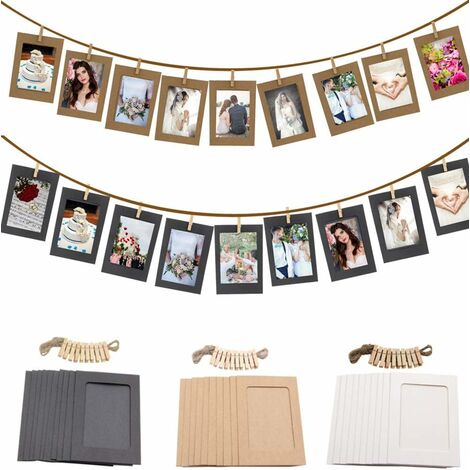 Cadre photo Cadres photo en papier kraft, avec 30 cadres photo, 30 pinces,3 cordes de chanvre, pour décoration d'intérieur, décoration murale, cadeaux de pendaison de crémaillère