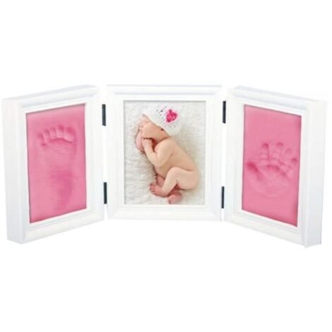 Cadre photo d\'empreinte - Premium - Bébé - Argile rose - Bois blanc - 35x15.5 cm