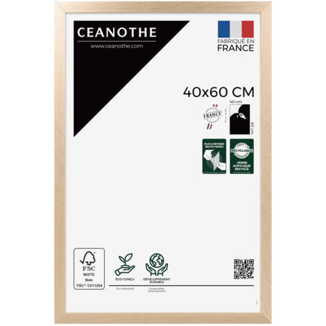 Cadre photo en bois de chêne FSC 40x60 cm – Verre acrylique incassable – Accroches murales horizontales et verticales – Ceanothe