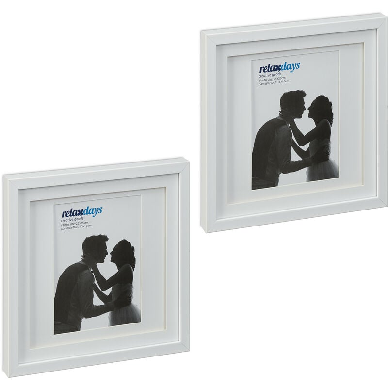 Relaxdays Cadre photo, lot de 2, 25x25 cm, format portrait ou paysage, à accrocher ou poser, passe-partout, blanc