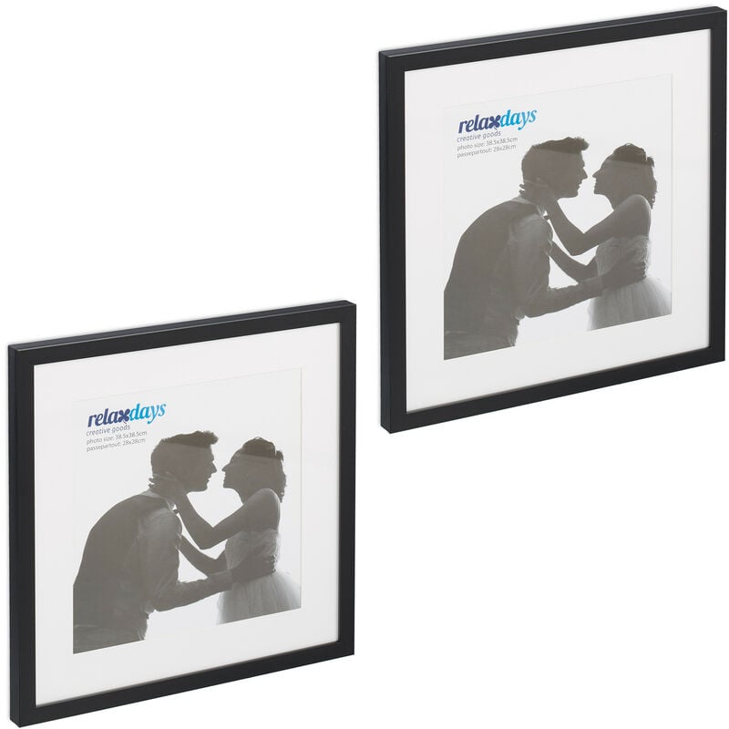 Cadre photo, lot de 2, 38,5 x 38,5 cm, forme carrée, à accrocher ou poser, passe-partout, noir - Relaxdays