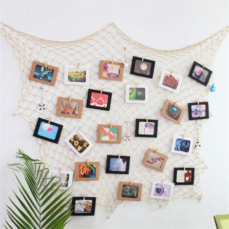 Cadre photo mural en filet de pêche, décoration photo murale beige, 1 × 2 m, avec pinces et clous