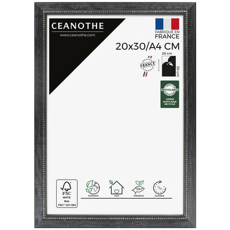 Cadre Photo Noir 20x30 cm et 30x20 cm – Convient au A4 - Cadre Photo bois Noir FSC effet patiné - Cadre Photo Perle Noir 20x30 cm - Fabriqué en France - Verre acrylique Incassable