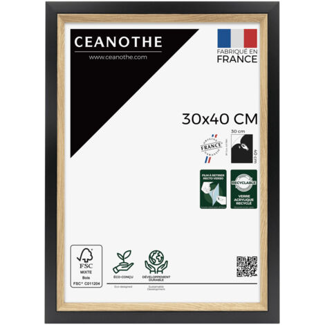 Cadre Photo Noir et Bois - Cadre pour Photo 30x40 cm et 40x30 cm convient au A4 – Fabriqué en France – Cadre Photo Actual Noir Bois - Verre acrylique Incassable