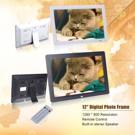 Cadre photo numérique 12 pouces HD TFT-LCD 1280 x 800 avec écran panoramique, réveil, lecteur MP3/MP4 et télécommande.