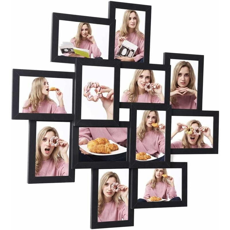 Cadre Photo, Pêle-mêle, Capacité 12 Photos de 10 x 15 cm, Nécessite Assemblage, Cadeau Noel, Vitre en Verre, Noir RPF22BK