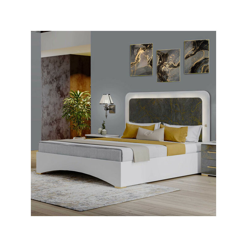 TMM - Cadre + tête de lit 140x190 Blanc/Marbre gris brillant à led - marguerite - Cadre de lit : l 146 x l 192 x h 119 cm