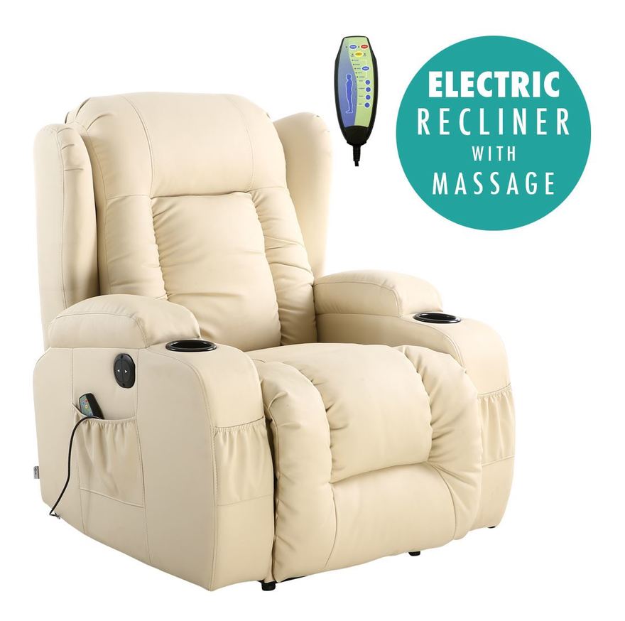 Caesar Cream Electric Leather Auto Recliner Massage Heated Gaming Wing Chair