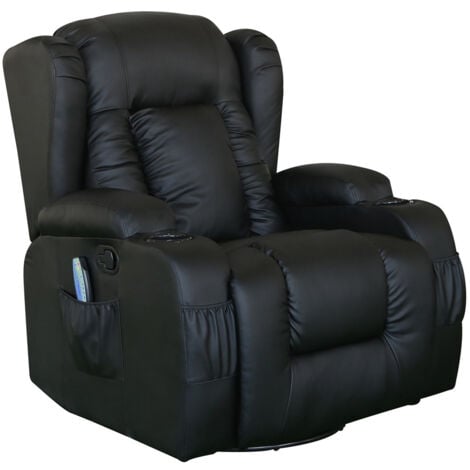 Caesar Leather Manual Recliner Swivel Armchair with Massage and Heat Function in Black