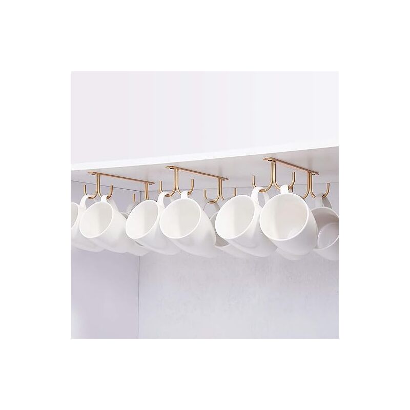Café Doré,Porte-Tasses Suspendu sous Placard, Crochets de Rangement en Métal sous Armoire, Étagère, Cabinet, avec 4 Vis, Lot de 3 Supports pour