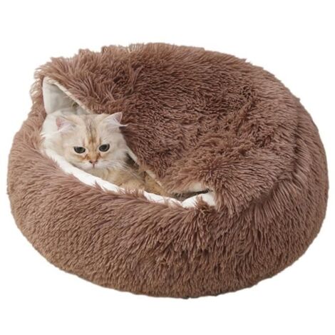 (cafe)Lit moelleux pour Chats et Chiens Modèle 50cm - Fausse fourrure - Semi-fermé - Marron