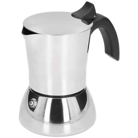 Cafetera de acero inoxidable apta para uso alimentario con asa.