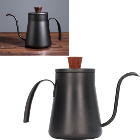 Cafetera de acero inoxidable con abertura estrecha y tapa – capacidad de 400 ml, mango ergonómico de madera de nogal, base antideslizante.