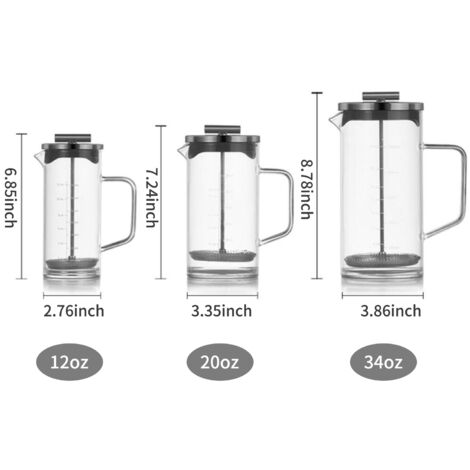 Cafetera de émbolo (355 ml) con acero inoxidable de alta densidad, filtro de vidrio de borosilicato resistente al calor y base reforzada.