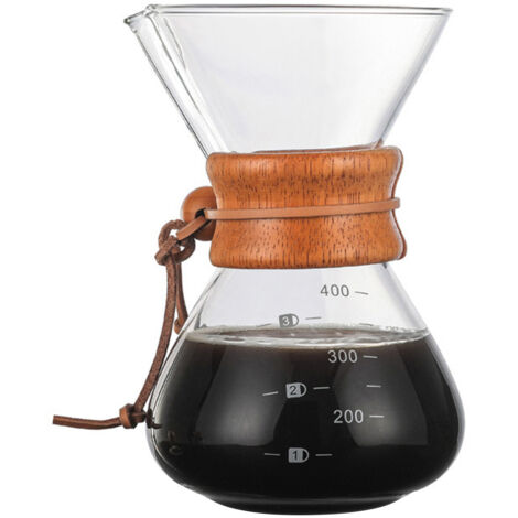 Cafetera de filtro manual ecológica: jarra de vidrio de borosilicato de 414 ml con doble filtro de acero inoxidable y funda de madera.