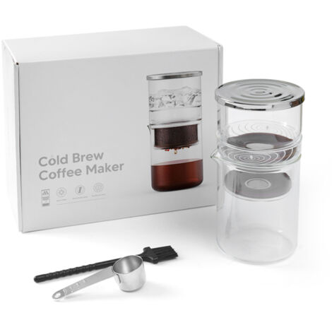 Cafetera de infusión en frío de 300 ml (10,15 oz) para té y café, con portafiltro de vidrio de borosilicato, cepillo de limpieza integrado y cuchara, ideal para el hogar, la oficina y los viajes.