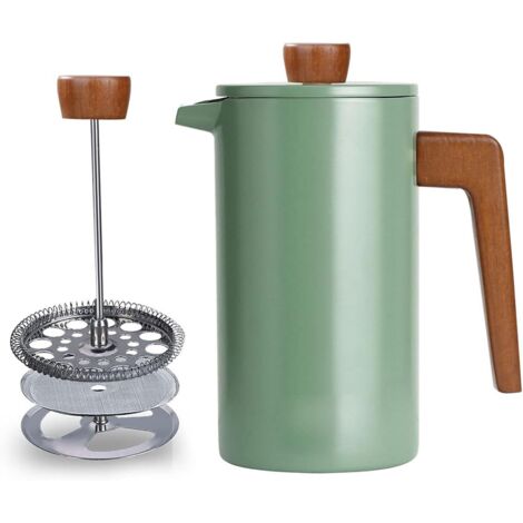 Cafetera de prensa francesa de doble pared con mango de madera – 3 filtros de acero inoxidable para café y té