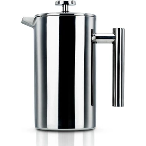 Cafetera plateada – Cafetera de émbolo de acero inoxidable de 1 litro con filtro de acero inoxidable.