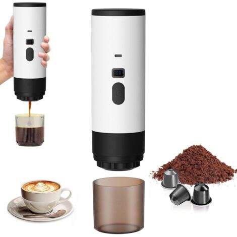 Cafetera portátil 3 en 1 con calefacción eléctrica, recargable de 12 V, para oficina, viajes y hogar, compatible con cápsulas de espresso y café molido (blanca)