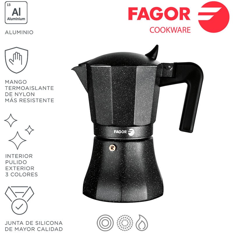 Fagor - Cafetera Italiana Aluminio 3 Tazas Café, Junta Silicona, Vitrocerámica, Gas, Eléctrica Negro En Oferta Fagor - Cafetera Tiramisu 3 Tazas Aluminio 3004
