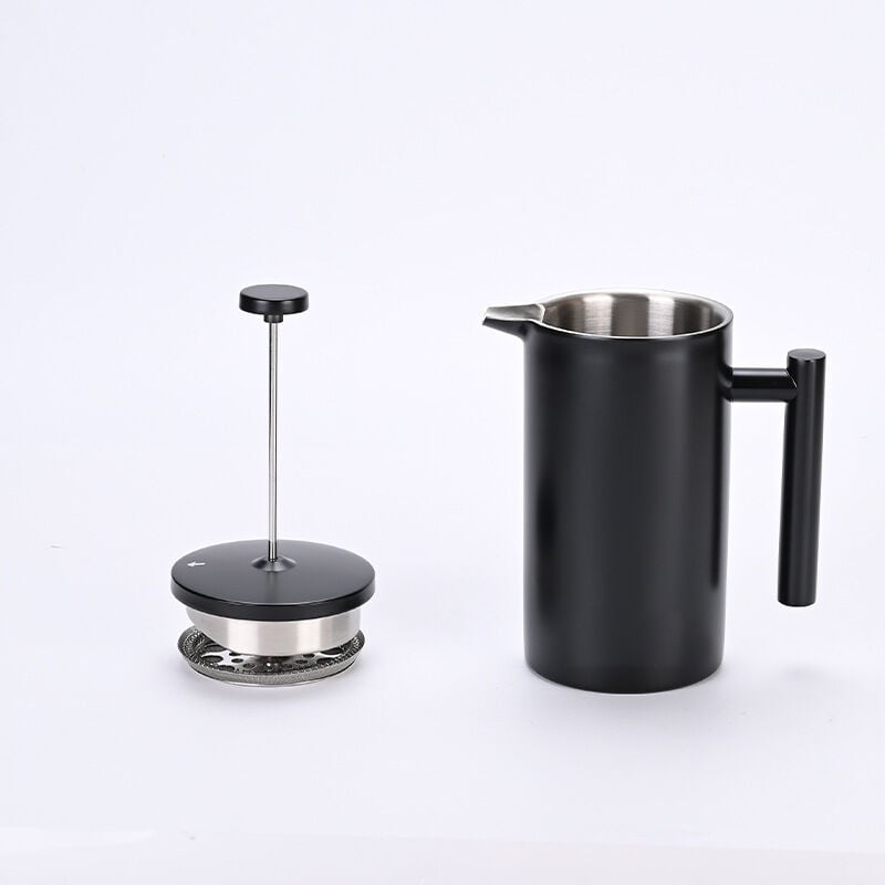 Cafetière à Piston 350 ml (2 Tasses) noir en Acier inox à Double Paroi Isolante I French Press Isotherme I Presse française avec une poignée en bois
