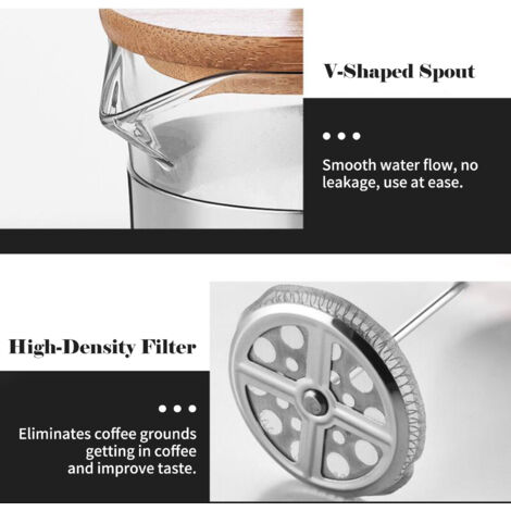 Cafetière à piston française 20 oz avec manche en bois et filtre haute densité en verre borosilicate résistant à la chaleur pour thé et café