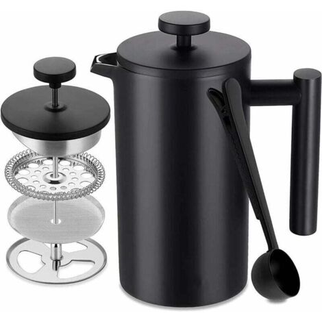 Cafetière à Piston INOX, Français Presse Café Isolation à Double Paroi de 1 L, Paroi intérieure avec Cautèle, avec 5 Filtres à Café et Cuillère Doseuse, 7-8 Tasses, Noir Mat, Café, Thé