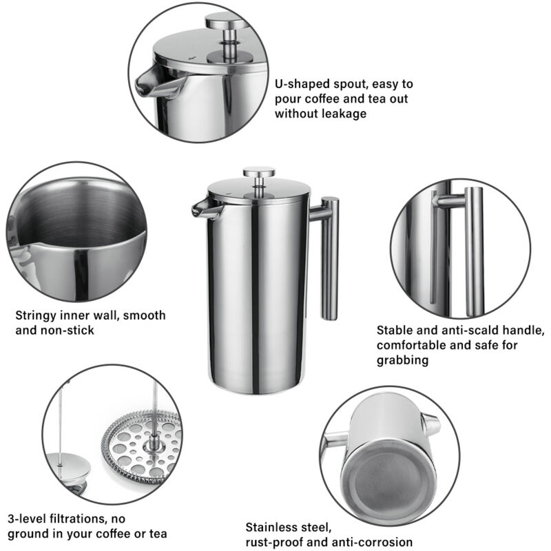 Cafetière à presse française en acier inoxydable 304 avec filtre, bouilloire à thé isolée à double couche, bouilloire de brassage manuelle,