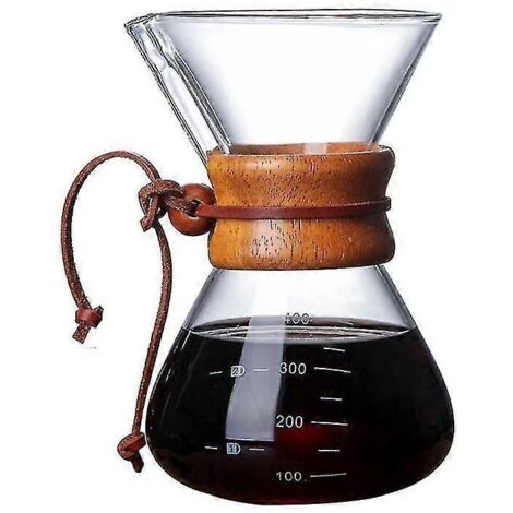 Cafetière classique en verre de 400 ml avec poignée en bois, résistante à la chaleur et à infusion lente. Manuel d'utilisation.