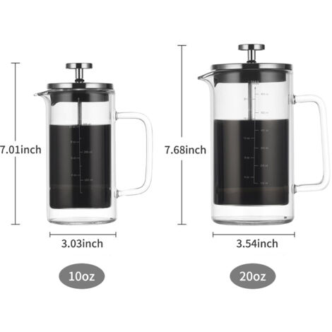 Cafetière française en verre borosilicate 300ml avec filtre en acier inoxydable pour infusion rapide et multiples utilisations