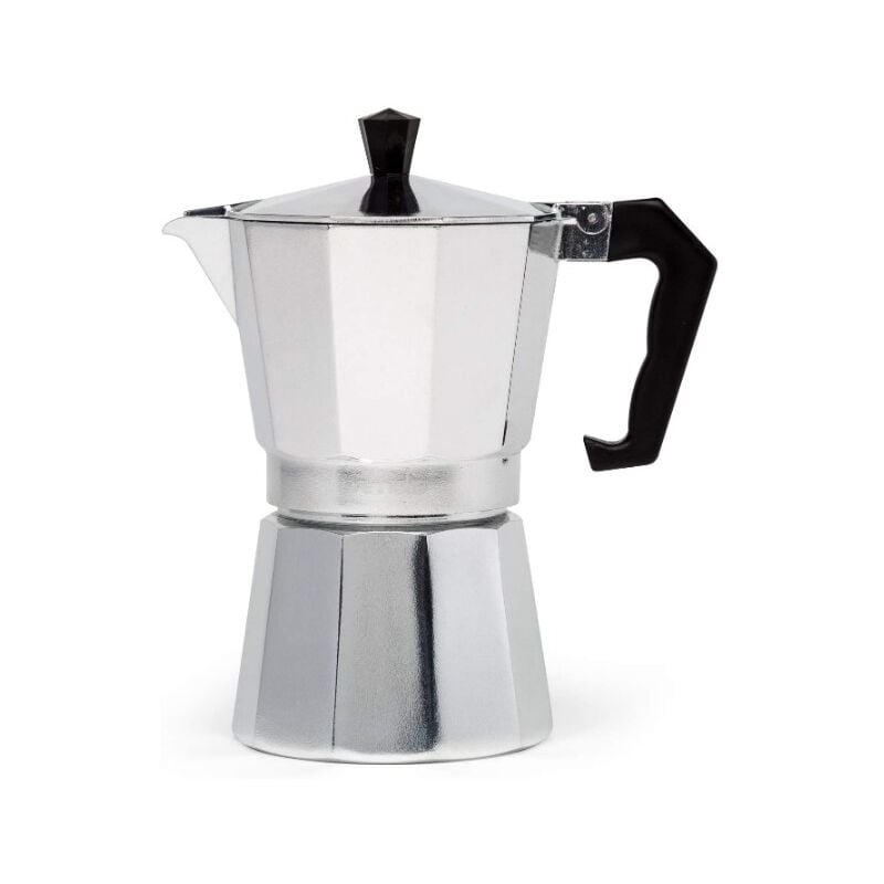 Cafetière et espresso sur la cuisinière, pot à moka pour les cafés italiens et cubains classiques, café, six tasses