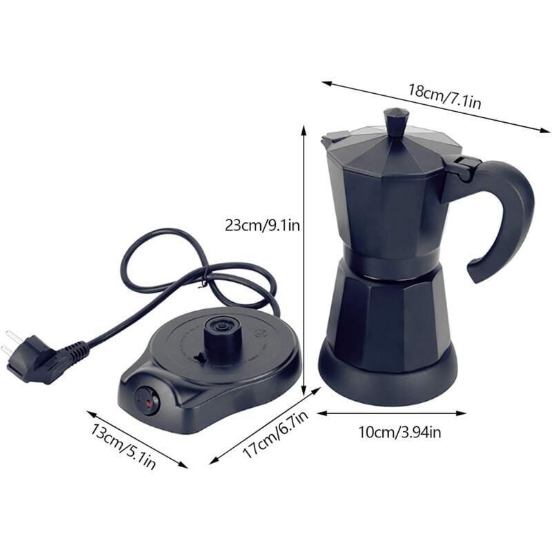 Cafetière électrique 300 ml/6 tasses, cafetière expresso, cafetière moka en acier inoxydable pour bureau, maison, voyage, camping, noir