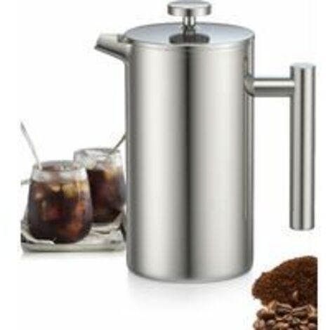 Caffettiera a pressa francese da 1 litro in acciaio inox, con triplo filtro, funzione di mantenimento in caldo e stantuffo in acciaio, isolamento a doppia parete, finitura argento.