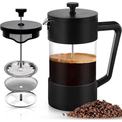 Caffettiera a pressa francese da 1000 ml (5 tazze), caraffa in vetro borosilicato, triplo filtro in acciaio inox (nera)