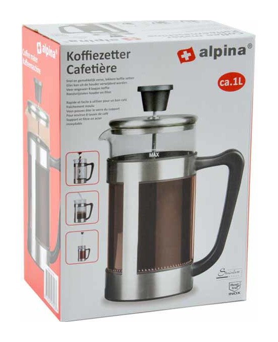 Image of Cappuccino Maker 1 Litro In Acciaio e Vetro Teiera a Pistone Pressofiltro Alpina